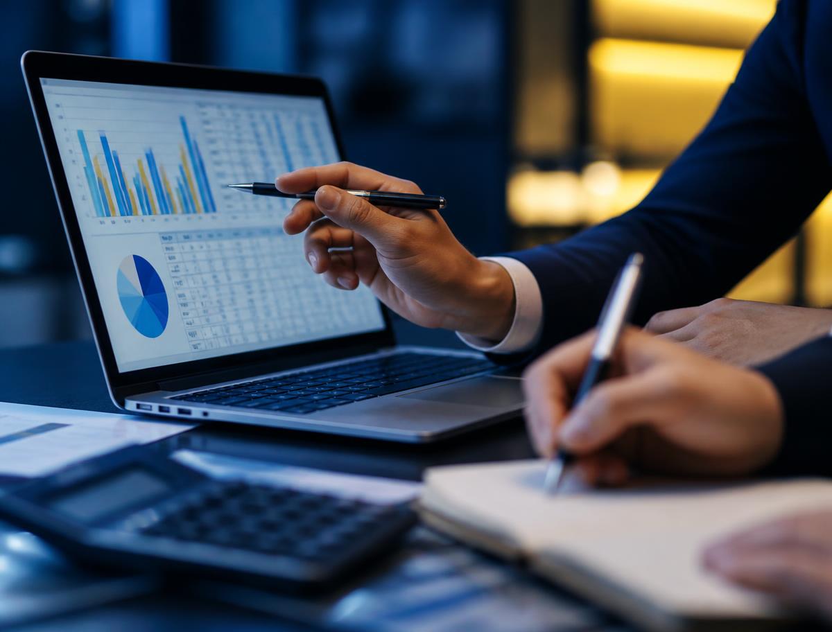 Consultor apresentando relatórios contábeis em um notebook para um cliente