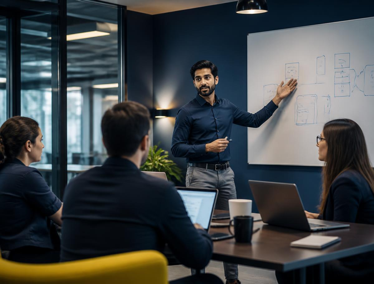 Consultor treinando equipe de escritório contábil em sala de reunião