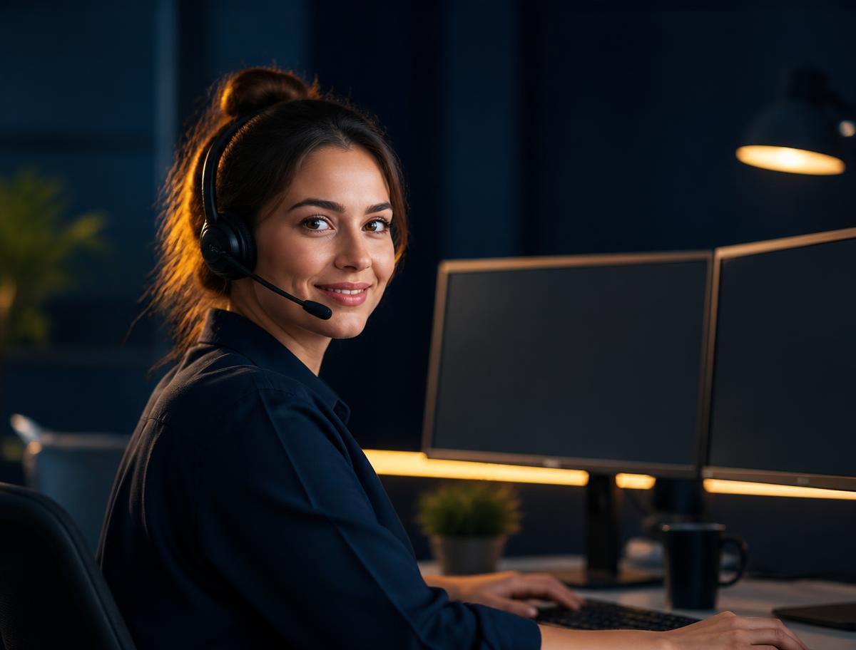 Analista de suporte com headset atendendo cliente em frente a dois monitores